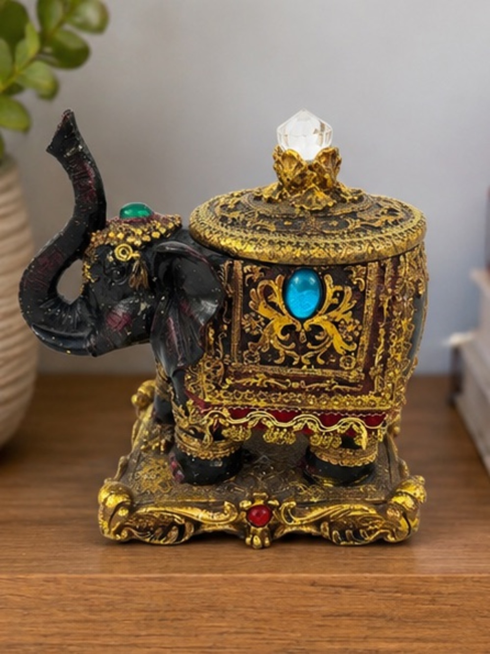 Ornate Jeweled Elephant Trinket Box - Black & Gold with Turquoise Accents